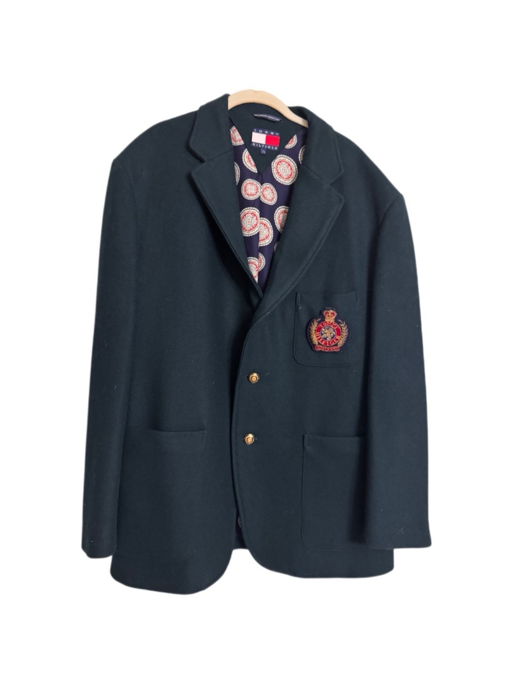 Tommy Hilfiger Blazer Jacket Womens L Wool Crest Brooch Lined Preppy Gold Button